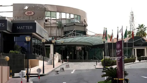 The Crown Plaza hotel in Manama, Bahrain, damaged in an attack.