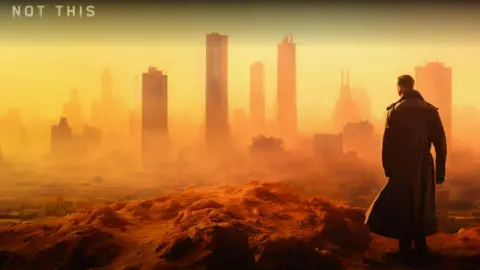 Tesla / YouTube Screen grab from Tesla robotaxi launch event, which shows a figure on the right of the image looking over an orange-hued dystopian-looking city skyline.