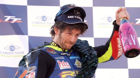 Mike Browne on the Supertwins TT podium in 2023