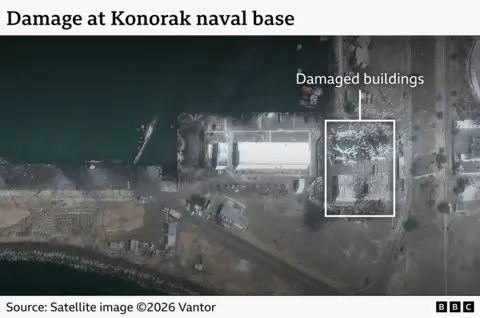 An image highlighting damaged buildings at Konarak Naval base.