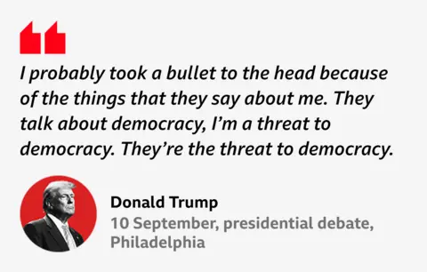 Visual graphic with a headshot of Donald Trump reads: “I probably took a bullet to the head because of the things that they say about me. They talk about democracy, I’m a threat to democracy. They’re the threat to democracy.” Donald Trump, 10 September, presidential debate, Philadelphia 