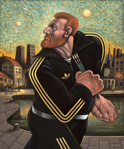 Ross Muir Art A painting of Vincent van Gogh in a muscular style wearing a black and gold Adidas tracksuit. He is holding three paintbrushes and is looking over his right shoulder. The background echoes Van Gogh's Starry Night with two suns.