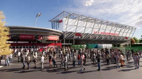 AFC Bournemouth Computer generated image of how the new upgraded stadium would look from the outside. A large round ticket office building sits next to large white seating stand. The concourse is full of people walking towards the building.