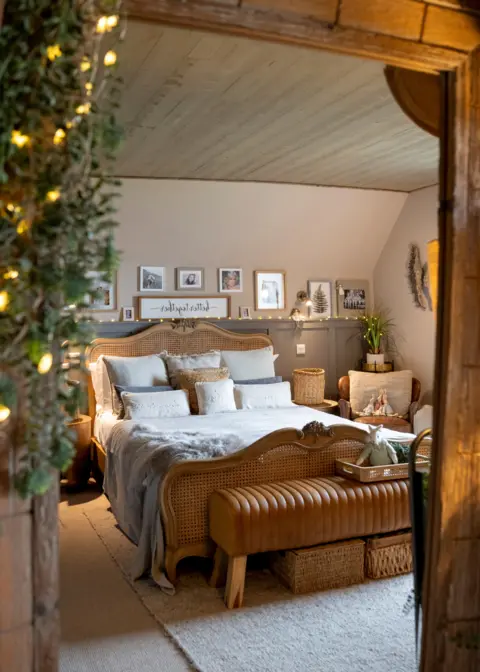 IWC Media A warm, cosy bedroom features a wooden-framed bed layered with soft pillows and neutral-toned bedding beneath a sloped ceiling.
Framed photos, plants, and string lights decorate the walls, while a cushioned bench and woven baskets add texture and comfort.