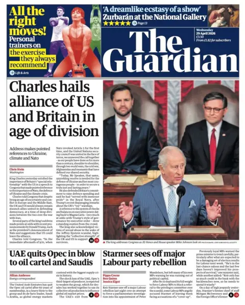 The headline on the front page of the Guardian reads: Charles hails alliance of US and Britain in age of division