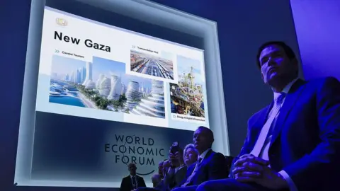 Secretary of State Marco Rubio listens to a presentation about US plans for the "New Gaza", during the signing ceremony for President Donald Trump's new Board of Peace, at the World Economic Forum in Davos, Switzerland (22 January 2026)