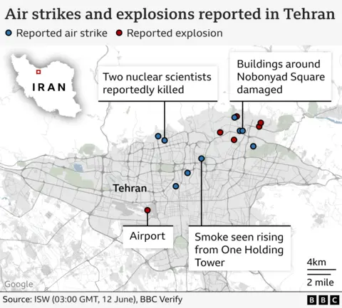 Map showing Tehran with multiple locations in the north west of the city marked as sites of reported air strikes and explosions, including one were two nuclear scientists were reportedly killed. An explosion was also reported at the airport in the south west of the city
