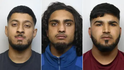 Police mugshots of Faheem Rehman, Nazam Hussain and Zain Akbar. Rehman has short cropped hair with a moustache and trimmed beard. Hussain has shoulder-length hair with a moustache and goatee. Akbar also has short hair shaved at the sides and a goatee beard.