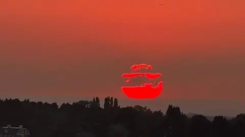 BBC Weather Watchers / SusySunshine The partially eclipsed Sun appears low above the horizon in Warlingham, Surrey. Dark silhouettes of trees and rooftops sit beneath a red-orange sky, while clouds partially obscure the Sun as it sets.