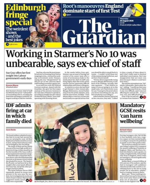 The headline on the front page of the Guardian reads: "Working in Starmer's No 10 was unbearable, says ex-chief of staff."
