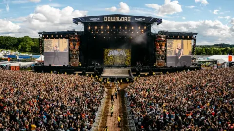 Huge crowds at the main stage of Download viewed from an elevated position