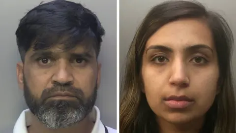 Police A police mugshot shows Sara Sharif's father Urfan Sharif looking directly at the camera. He has dark short hair and a beard. He is wearing a white shirt. To the right is a police mugshot of Sara's stepmother Beinash Batool. She has long brown hair and is looking directly at the camera.