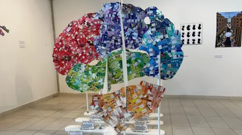 Nicola Haseler/BBC A colourful sculpture showing five slices of the brain made out of seized illegal vape packets.
