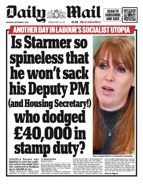 The headline on the front page of the Daily Mail reads: "Is Starmer so spineless that he won't sack his deputy PM (and housing secretary) who dodged £40,000 in stamp duty?"