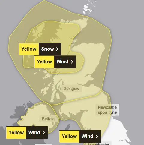 Met Office A Met Office map showing Scotland, Northern Ireland and parts of England under yellow weather warnings.