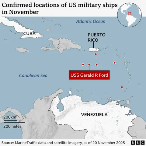 USS Gerald R Ford da dahil olmak üzere Karayip Denizi'ndeki altı ABD savaş gemisinin doğrulanmış konumlarını gösteren bir harita
