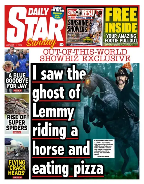 The headline in the Daily Star reads: I saw the ghost of Lemmy riding a horse and eating a pizza