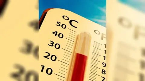 Close up of a thermometer showing 30 degrees C