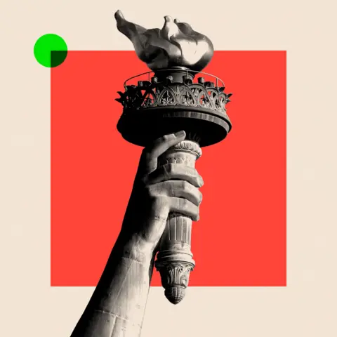 BBC A treated image showing the lantern of the Statue of Liberty with a red square behind it