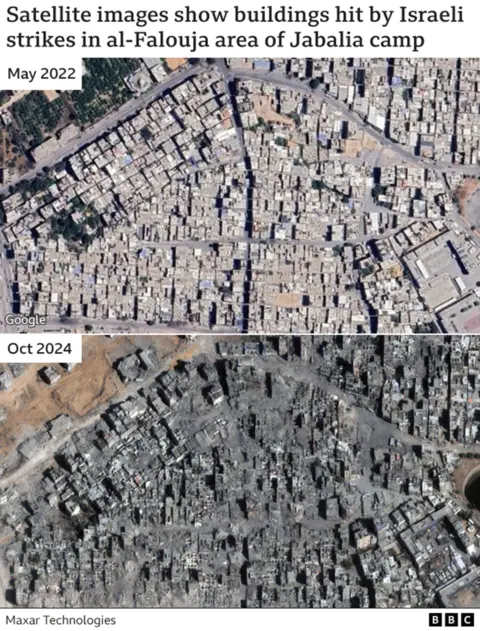 Satellite imagery graphic showing buildings hit by bullets but attacked in the al-Falouja area of ​​Jabalia camp in May 2022 and October 2024 