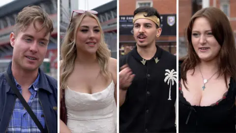 A composite image of four Lana Del Ray fans standing outside the Principality Stadium. 
