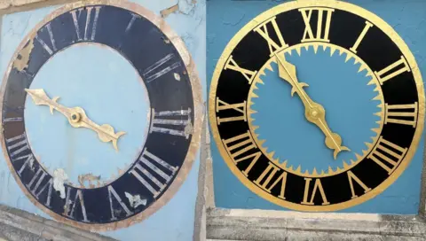 York Museums Trust Image on the left is the clock on a faint blue background with faded Roman numerals and one big hand with the image on the right showing the clock restored on a bright blue background with yellow Roman numerals and the big hand pointing at the 11