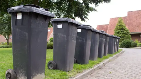 A row of 10 grey wheelie bins stood on grass on a residential estate.