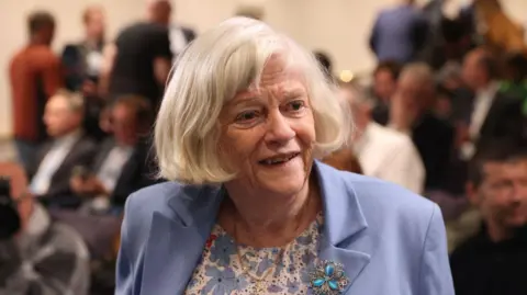 Ann Widdecombe - a grey-haired woman is pictured on a street. She is wearing a purple jacket and top.