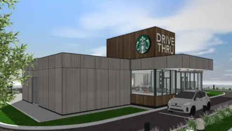 A computer-generated image of the proposed drive-thru, with a car shown next to the windows and a Starbucks logo on the building