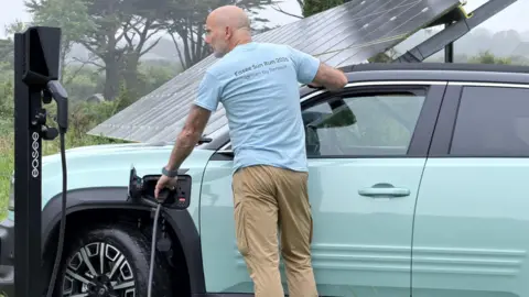 TimbuktuContent.com/EaseeSunRun A man charging a car with an electric vehicle charger that's connected to a solar panel.