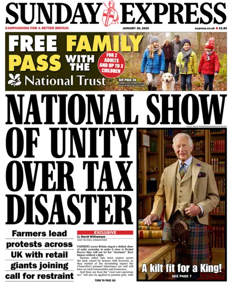 The headline in the Sunday Express reads: "National show of unity over tax disaster". 