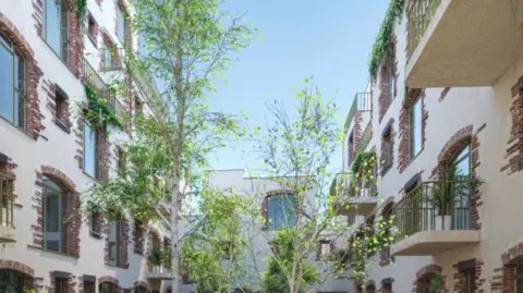 A landscaped courtyard between modern apartment buildings, with white walls, brick detailing, balconies, and large windows. Several young trees and climbing plants add greenery throughout the bright, open space under a clear sky.