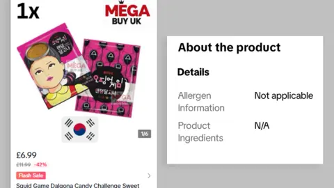 Getty Images A Squid Game-related candy advertisement is pictured next to its product details, which says "not applicable" for both the allergen information and the product ingredients