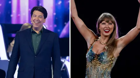 Split screen: Michael McIntyre (left) on The Wheel set and Taylor Swift (right) in a sequin strap dress.