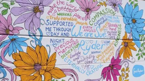 Sue Ryder Mural adorned with flowers which reads "We are Sue Ryder"