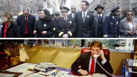 Getty Images Composite image shows Kamala Harris at the annual Martin Luther King Jr Freedom March on Washington in 2004, and Donald Trump in his Trump Tower office in 1987