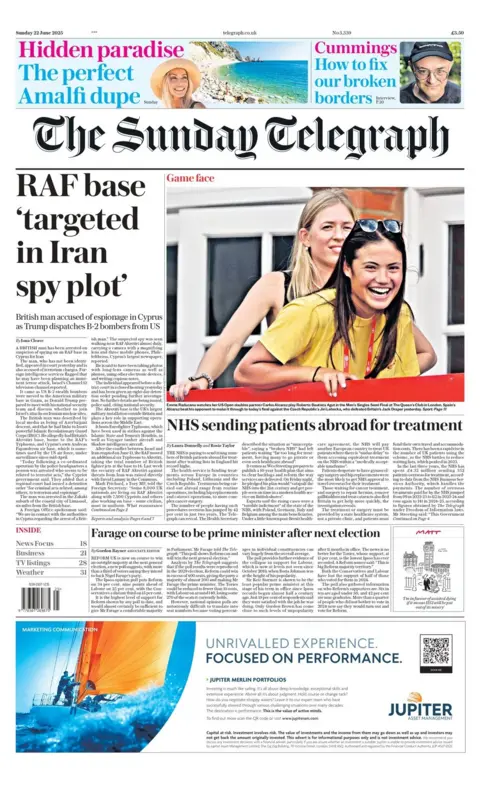The headline on the Sunday Telegraph's front page reads: "RAF base 'targeted in Iran spy plot'"