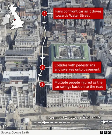 A 3D map with a timeline of the incident in Liverpool on Monday 26 May