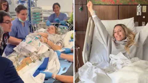 Left, Vonn in a hospital stretcher. Right, Vonn celebrates in a nicer bed.
