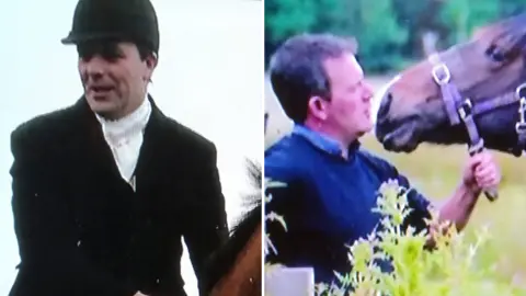 Supplied A composite image of Adam. On the left, he is smiling and sat atop a brown horse. He is wearing black riding gear, including a hard hat, and a white shirt. On the right, he is holding a brown horse by its reins and looking at it. Adam has short brown hair and is wearing a blue jumper.