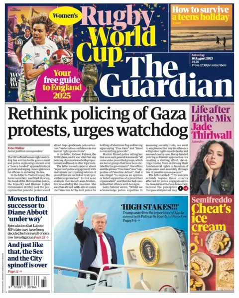 The headline on the front page of the Guardian reads: "Rethink policing of Gaza protests, urges watchdog".
