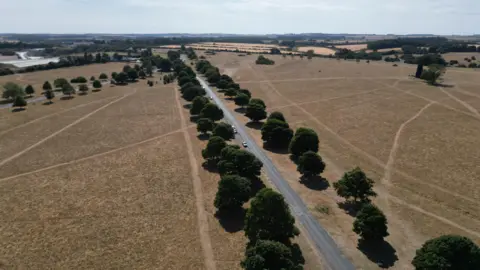 Aerial shot of Beverley, East Yorkshire showing dry and brittle fields. A road goes through the fields - some trees look dark green but the rest of the fields are very dry.