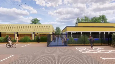 Pick Everard/ Surrey County Council planning documents A generated image of two single-storey, yellow-called buildings with a gated entrance, showing the proposed plans.