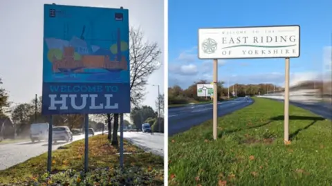 Hull and East Yorkshire Combined Authority A composite image of two road signs. The sign on the left reads "Welcome to Hull". The sign on the right reads "Welcome to the East Riding of Yorkshire". 