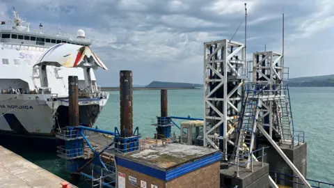 Part of Fishguard's linkspan bridge is visible, with the back of a docked ferry.