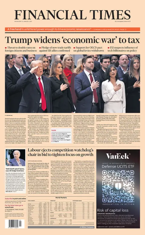 The headline in the Financial Times reads: "Trump extends 'economic war' to taxes", 