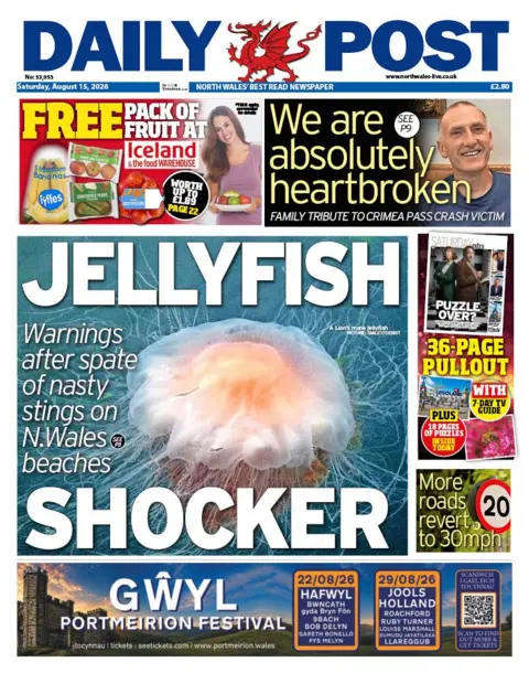 Daily Post Daily Post front page. The main headline reads: Jellyfish warnings adter spate of nasty stings on N.Wales beaches shocker 