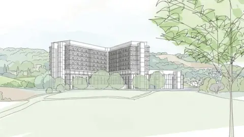 This is a graphic illustration of what the new hospital in Airedale could look like. There is a large building in the middle of a field in a picture that almost looks like a water colour. 