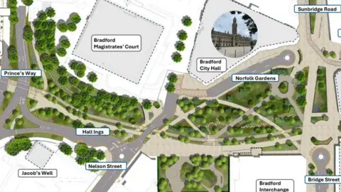 Bradford Council A map showing roads, green areas and labels of Bradford landmarks such as City Hall, Bradford Interchange and the magistrates' court.