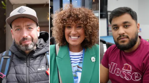 Shaun Whitmore A picture montage of three people. On the left is a man wearing a baseball cap, padded coat and backpack. In the middle, a woman wearing a green jacket over a blue and white T-shirt. On the right a man is wearing a red T-shirt with "Ellesse" branding on the front.